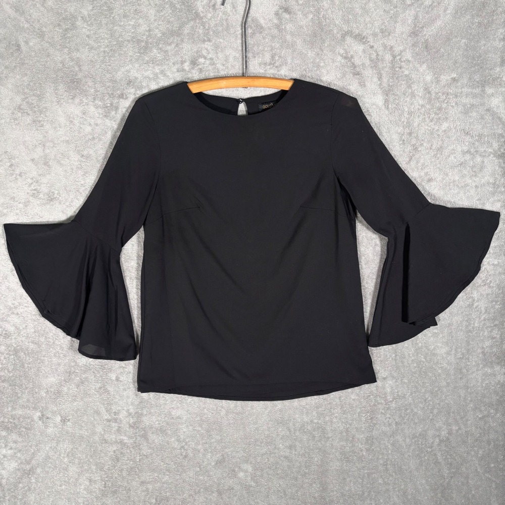 Goldray Black Bell‎ Sleeve Blouse XS Crew Neck Keyhole Back Gothic Witchy Modest